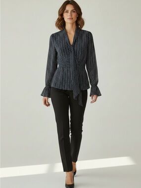 Classiques Entier 100% Silk Navy Blue Printed Tie Neck Blouse XL